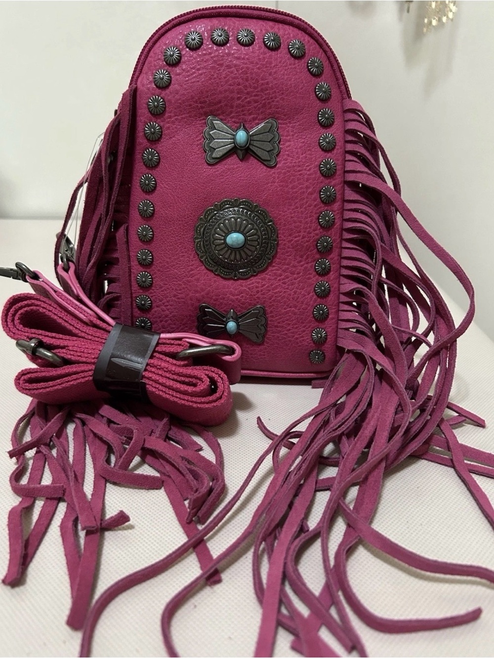 Montana West Magenta Fringe Crossbody with Turquoise Accents - Picture 1 of 7